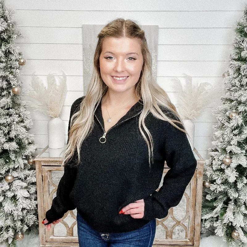 Picture it Now Knit Long Sleeve Quarter Zip Black Avery Mae Sweater Top Modern Contemporary Chic