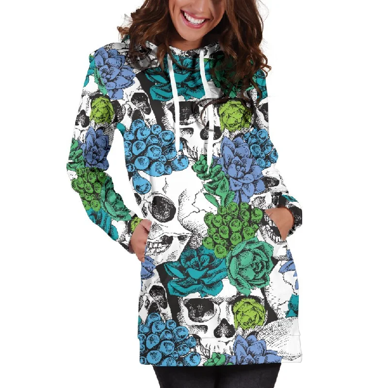 Green Blue Flowers Skull Pattern Print Pullover Hoodie Dress