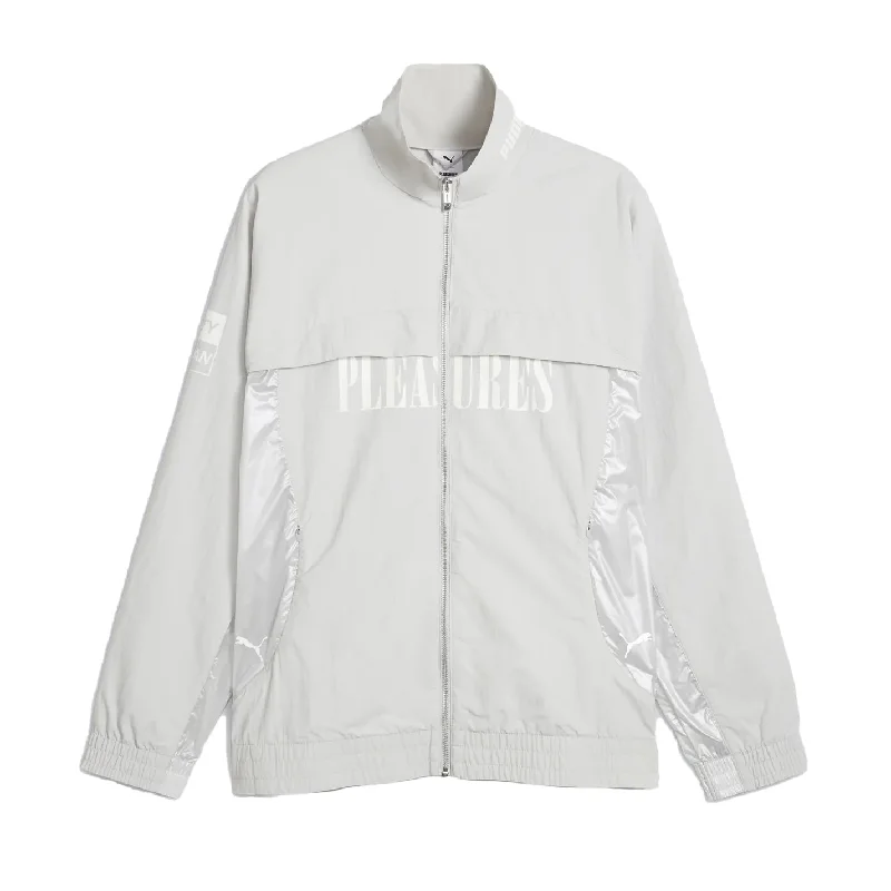 Puma x Pleasures Cellerator Track Jacket Glacial Grey Fitted Jacket Loose Jacket Oversized Jacket