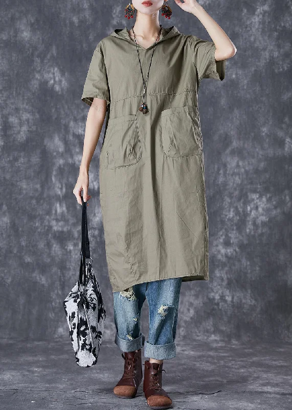 Green Patchwork Cotton Pullover Sweatshirt Dress Hooded Pockets Summer Long Sleeve Pullover