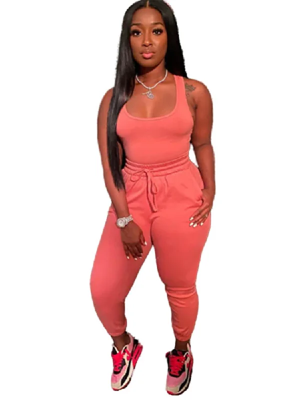 2 Piece Sleeveless Solid Color Tank Tops+Pants Sets