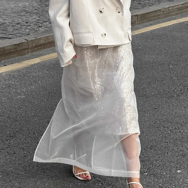 Lunivop Sexy See Through White Mesh Split Skirt Women's High Waist Loose Straigh Midi Skirt Autumn Fashion Hot Girl Party Skirts corduroy skirt textured