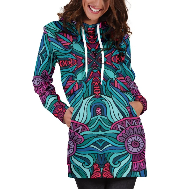 Ethnic Teal Bohemian Pattern Print Pullover Hoodie Dress