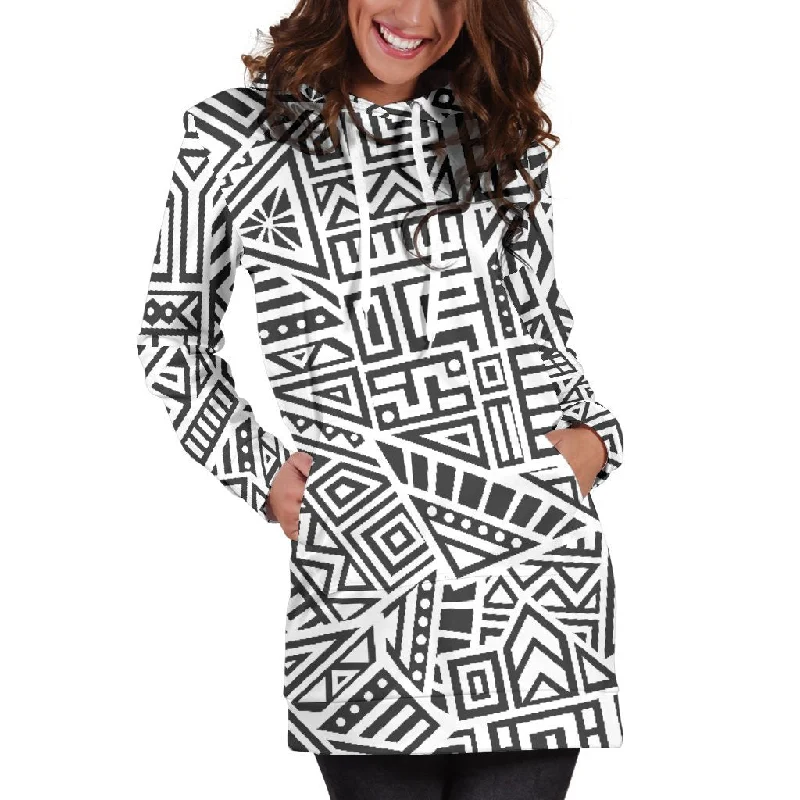 Grey And White Aztec Pattern Print Pullover Hoodie Dress