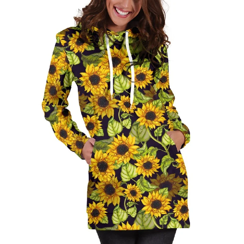 Hand Drawn Sunflower Pattern Print Pullover Hoodie Dress