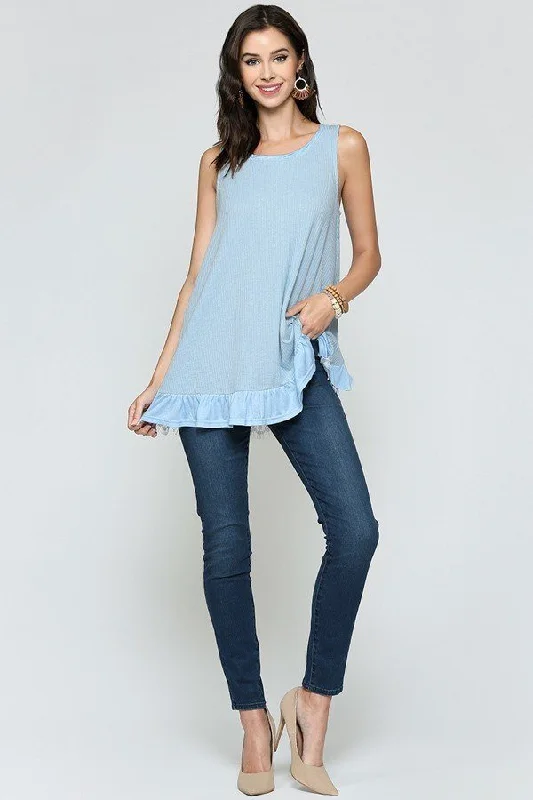 Sleeveless Back Lace Ruffle Detail Tank Top in Light Blue athletic tank top