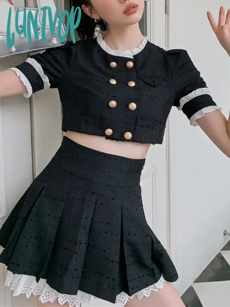 Lunivop Summer Balck Vintage Two Piece Set Women Elegant Designer Party Mini Skirt Set Female Casual Korean Kawaii Skirt Suit New chiffon skirt lightweight