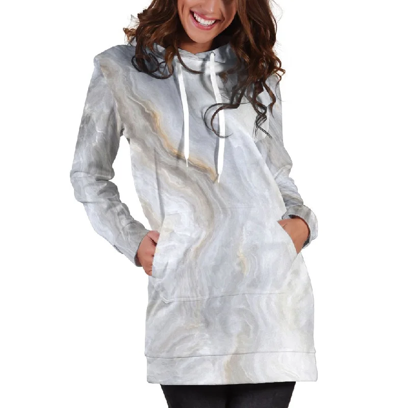Grey Marble Print Pullover Hoodie Dress