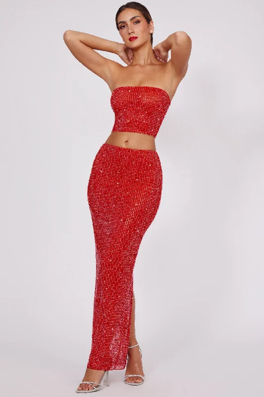Embellished Mid Rise Maxi Skirt in Fire Red pleated skirt texture