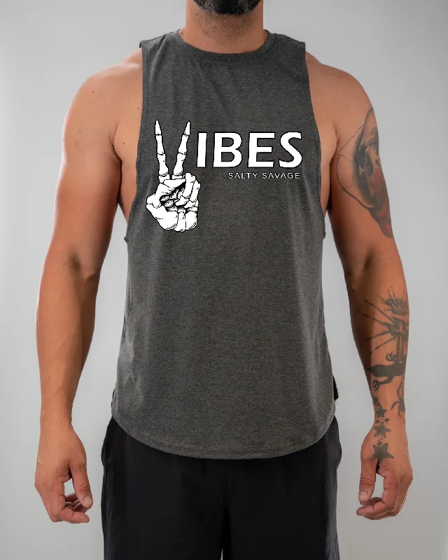 Salty Savage Men's “VIBES” Sleeveless Deep Cut Muscle Tank low neck tank