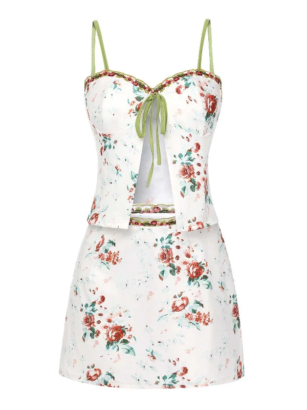 2PCS 1960s Floral Strap Slit Vest & Lace Skirt slim fit skirt