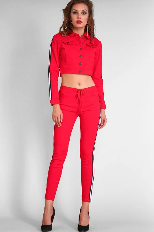 Women's Destroyed Side Striped Band Jacket and Jogger Set Cardigan Sweater Pullover
