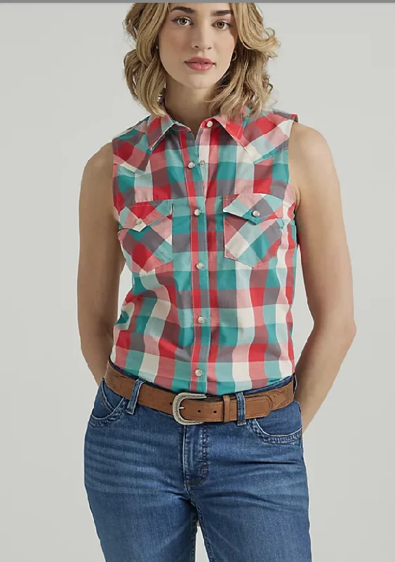 WRANGLER LADIES ESSENTIAL WESTERN SNAP TANK IN TURQUOISE RED STYLE 112347163 turquoise tank top