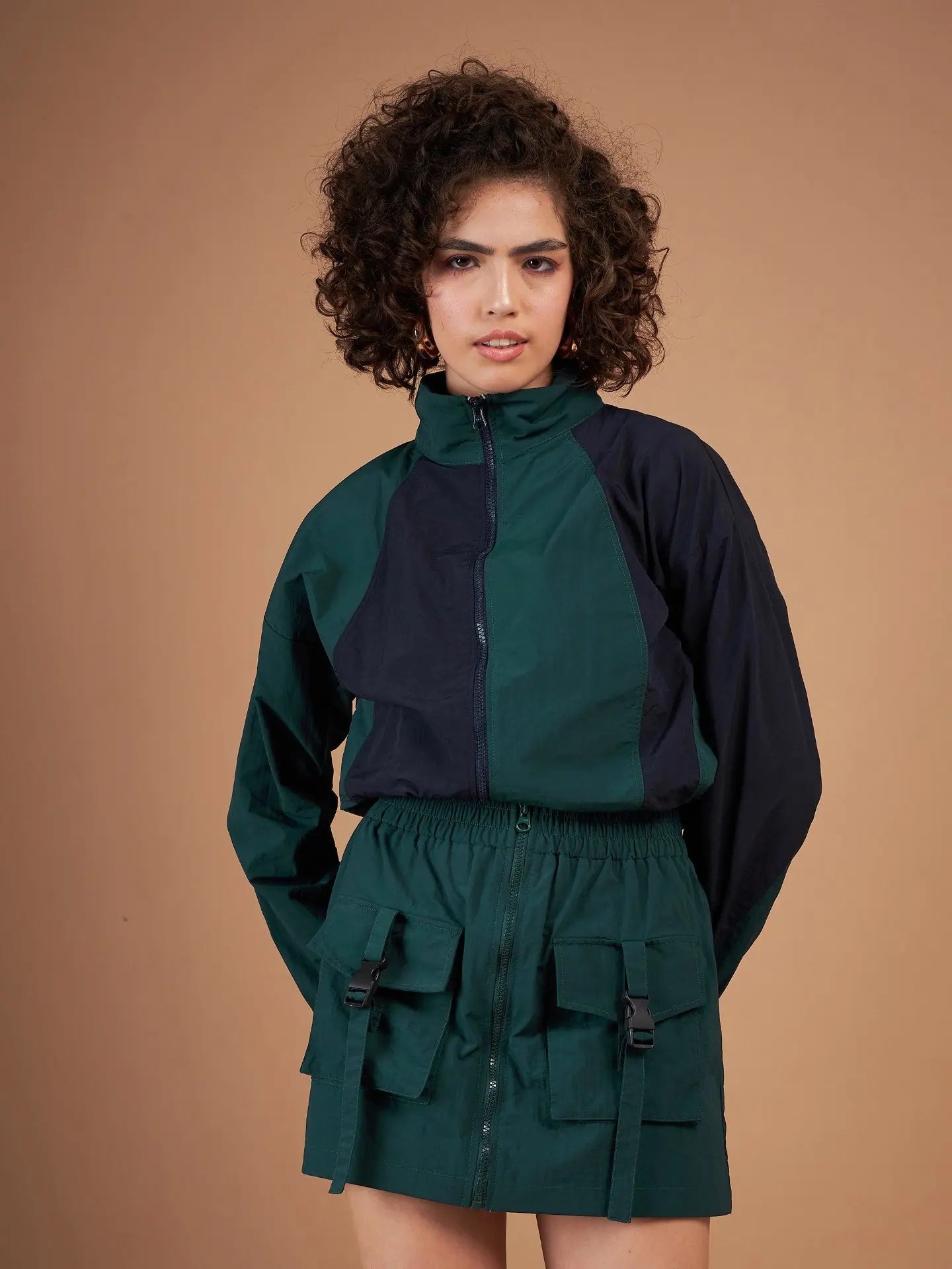 Women Color Blocked Standard Green Full Sleeve Jacket Cotton Fabric Linen Fabric Terry Fabric