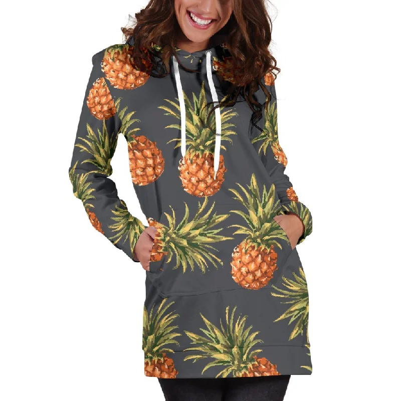Grey Watercolor Pineapple Pattern Print Pullover Hoodie Dress