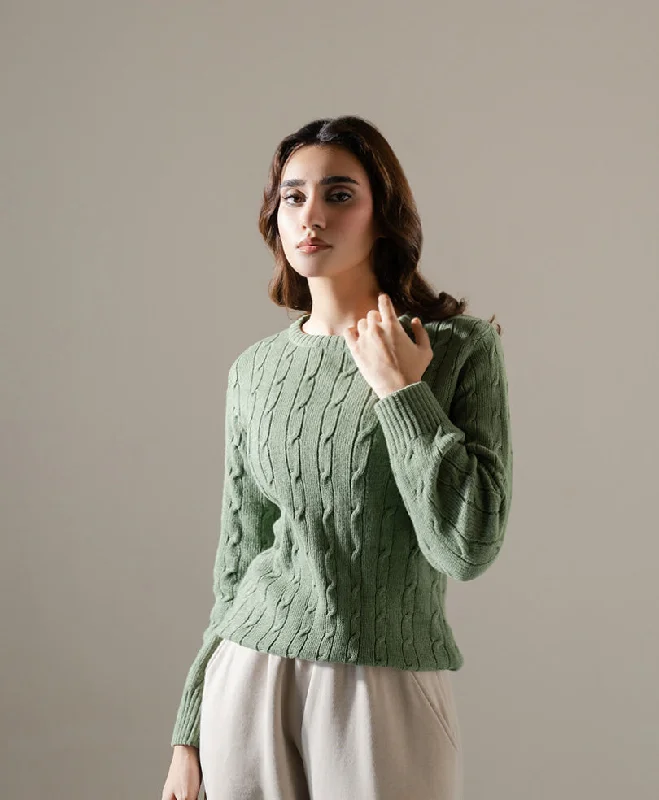Olive Cable Knit Sweater (Women) Nylon Fabric Polyester Fabric Spandex Fabric