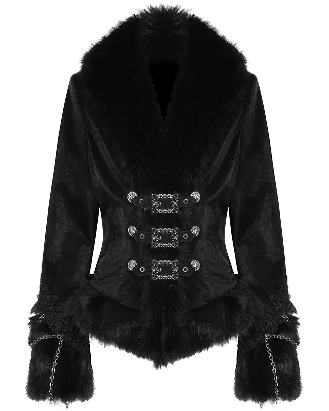 Devil Fashion Womens Gothic Punk Chained Fur Trim Velvet Winter Jacket Appliqued Jacket Beaded Jacket Sequined Jacket