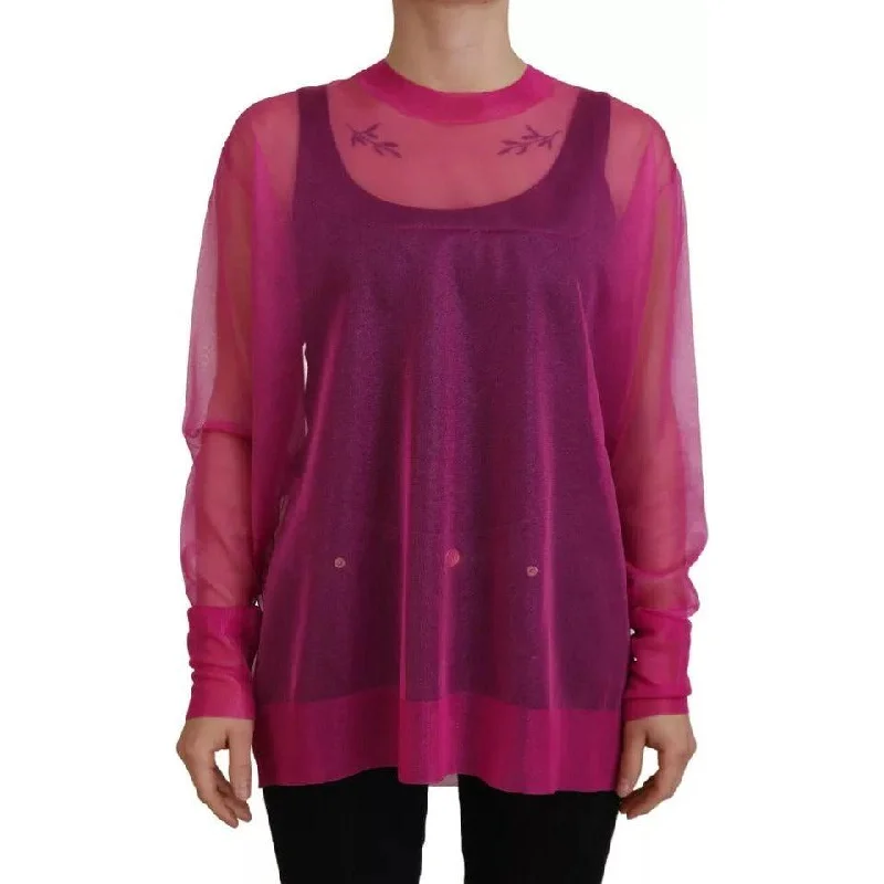 Dolce & Gabbana Fuchsia Polyester Crewneck Pullover Sweater Scalloped Neck Pullover