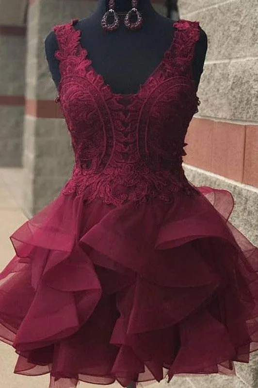 Burgundy Lace Short Homecoming Gown with Horsehair Skirt leather skirt modern