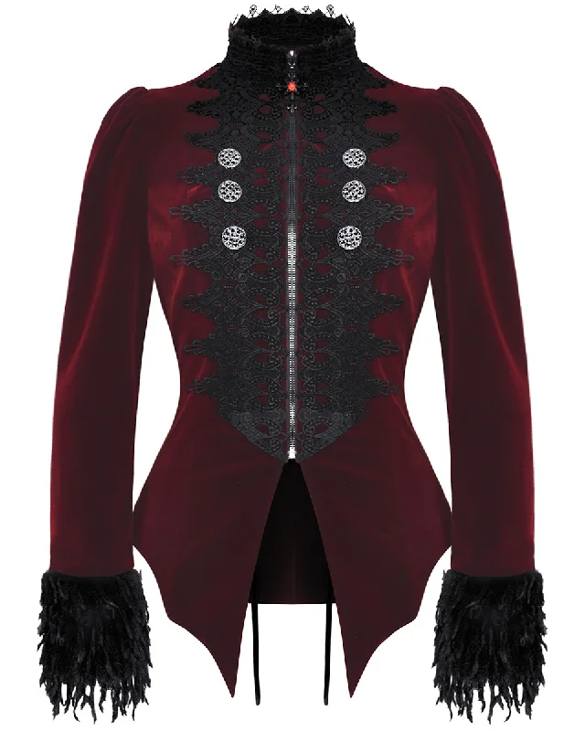 Dark In Love Regency Gothic Aristocrat Lace Trim Velvet Court Jacket - Red & Black Satin Jacket Silk Jacket Chiffon Jacket