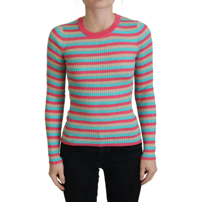 Dolce & Gabbana Elegant Striped Silk Crewneck Pullover dolman Sleeve Top