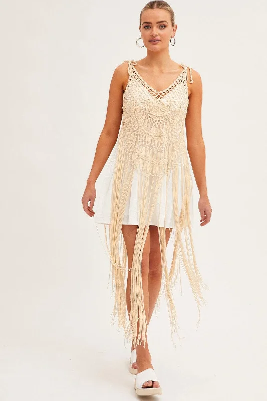 Beige Crochet Beach Pullover Dress Cover Up Bardot Neck Top