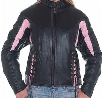 Ladies Black & Pink Leather Racer Jacket Side Laces & Zip Out Lining Collared Jacket Crew Neck Jacket Turtle Neck Jacket