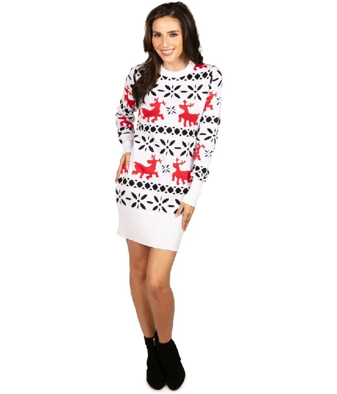 Women's Red and White Reindeer Sweater Dress Toggled Drawstring Belted