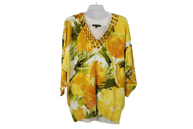 Adrienne Vittadini Silk Blend Yellow Knit Sweater Top | XL Boat Neck Shawl Collar Notched Collar