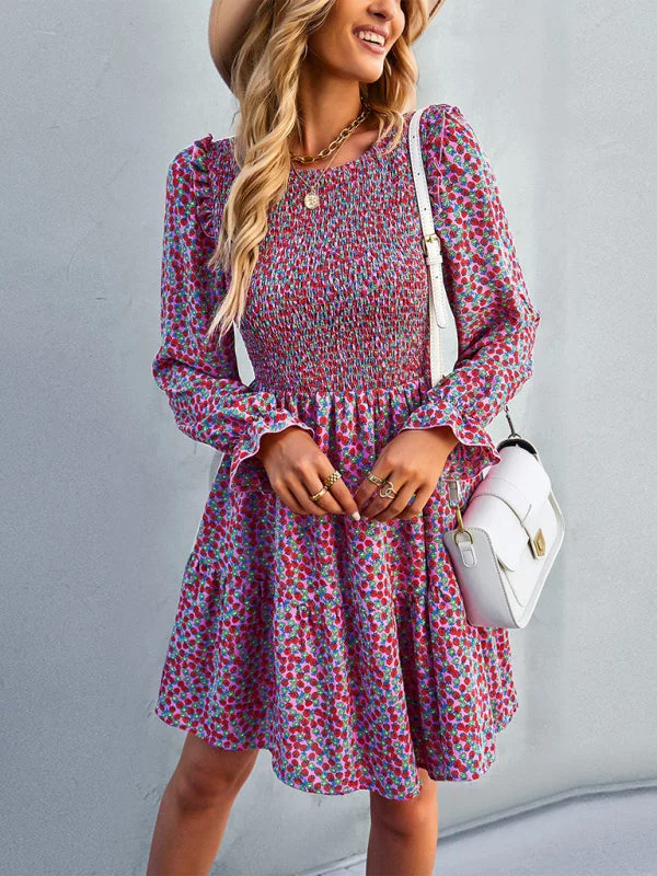 Gown Neck, and for Spring A-Line Flowered Skirt Round Long-Sleeved - Summer floral skirt print