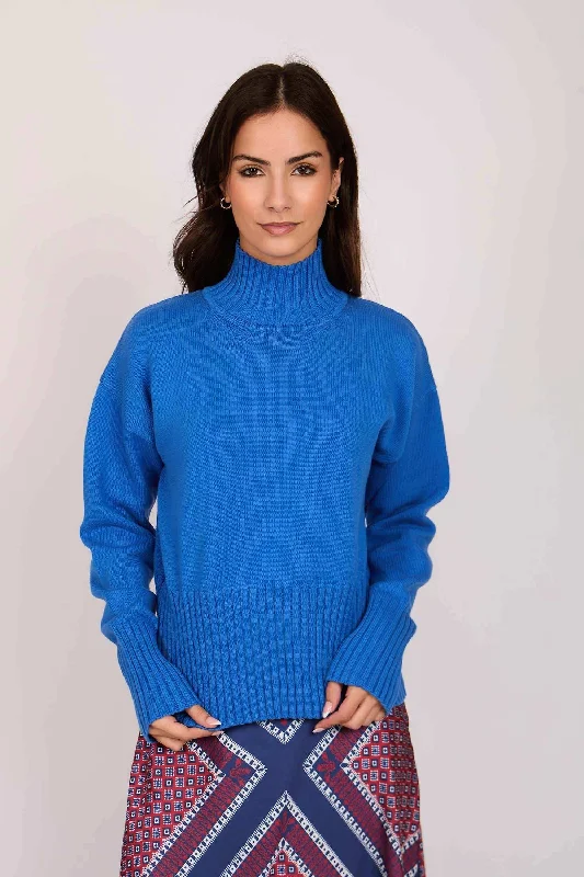 Women Regular Fit Pullover - Blue Mock Neck Pullover