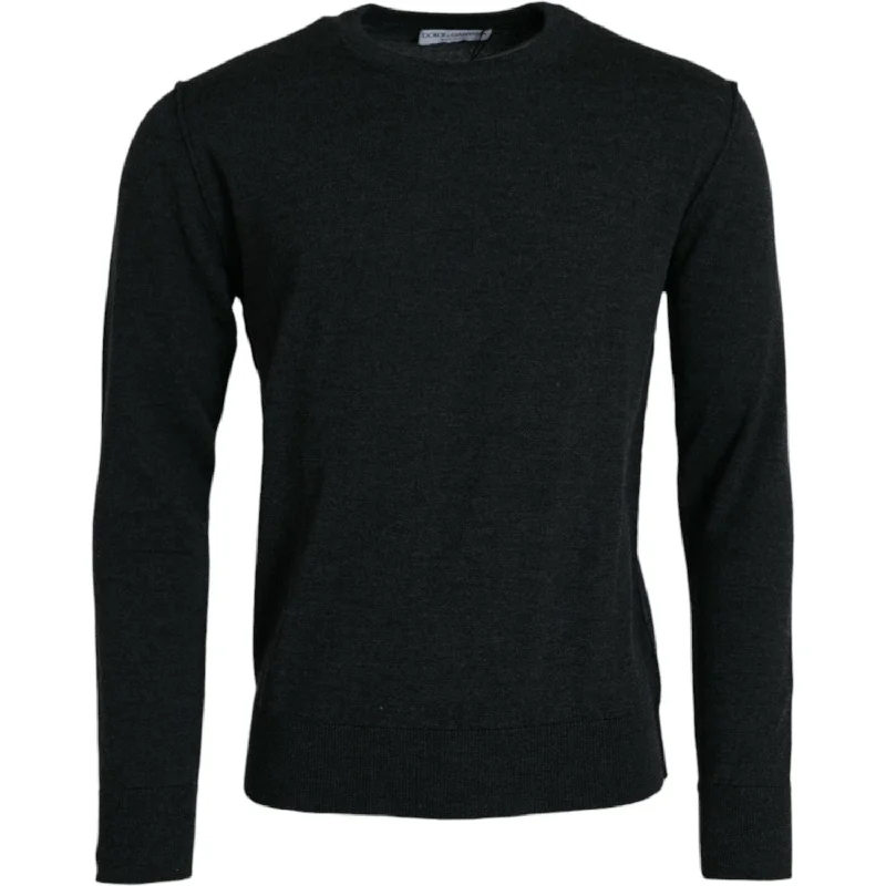 Dolce & Gabbana Dark Gray Wool Crew Neck Pullover Sweater Bishop Sleeve Elegant