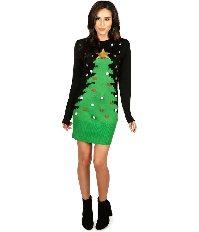 Women's Christmas Tree Sweater Dress Zippered Buttoned Snapped