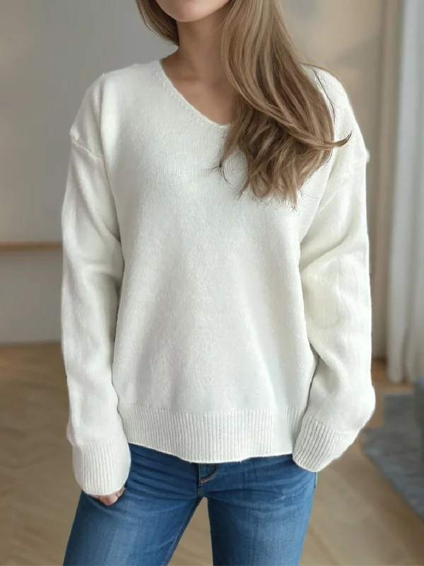 V-Neck Dropped Shoulder Long Sleeve Sweater Zippered Front Buttoned Front Snap Front
