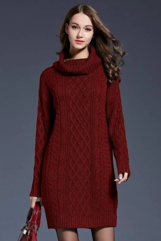 Full Size Mixed Knit Cowl Neck Dropped Shoulder Sweater Dress Slim Fit Regular Fit Oversized