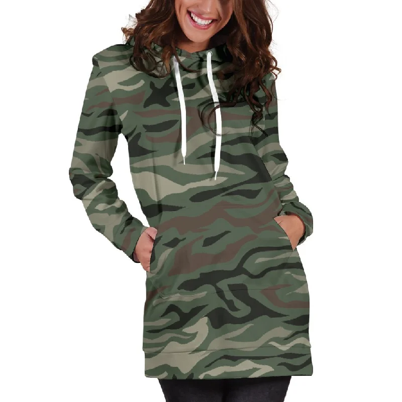 Green Camo Zebra Pattern Print Pullover Hoodie Dress
