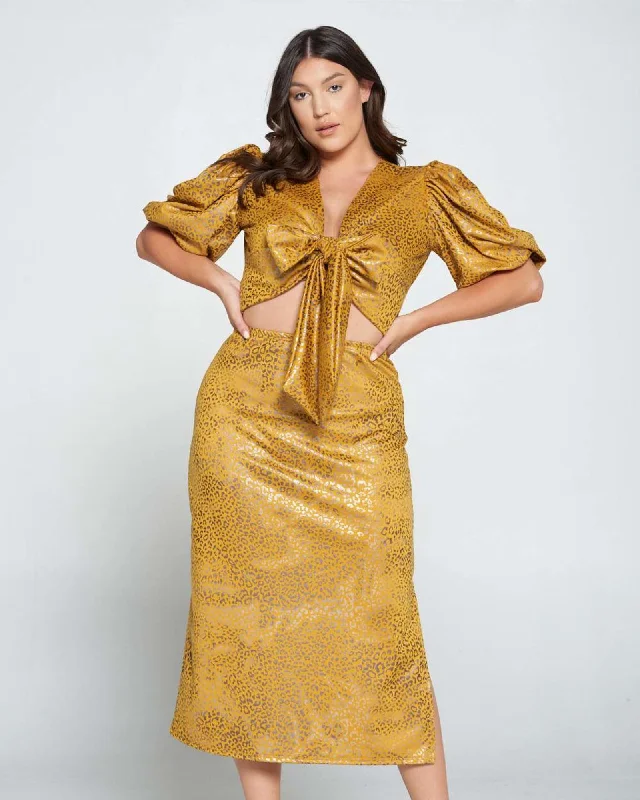 Cheetah Wrap Top and Skirt Set | Mustard Foil Cheetah