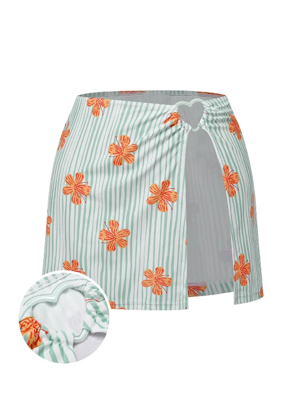 Light Green 1950s Floral Stripe Skirt Cover-Up silk skirt smooth