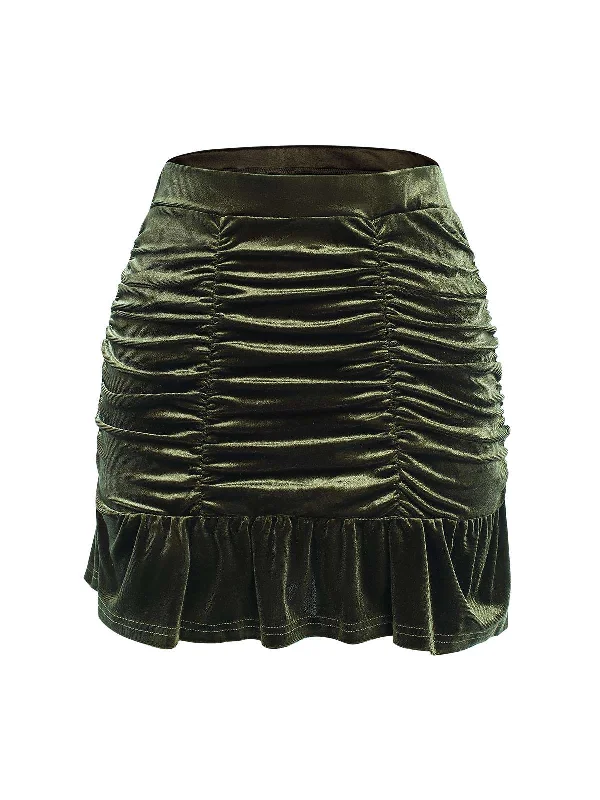 Green 1960s Solid Wrinkles Velvet Skirt slim fit skirt