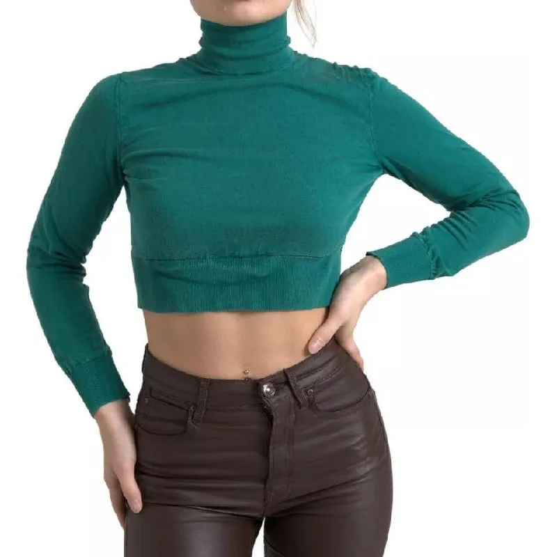 Dolce & Gabbana Dark Green Turtleneck Cropped Pullover Sweater Shawl Collar Sweater