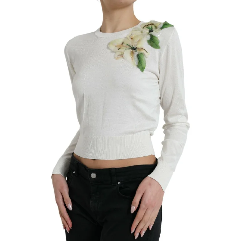 Dolce & Gabbana Silk Floral Applique Pullover Sweater High Neck Pullover