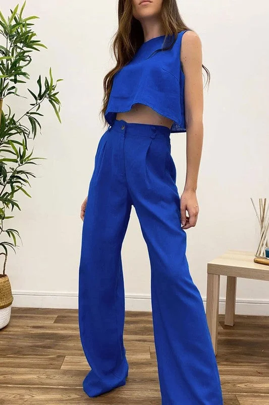 TANK CROP TOP AND ELASTIC WAIST WIDE LEG PANTS SET rhinestone tank top
