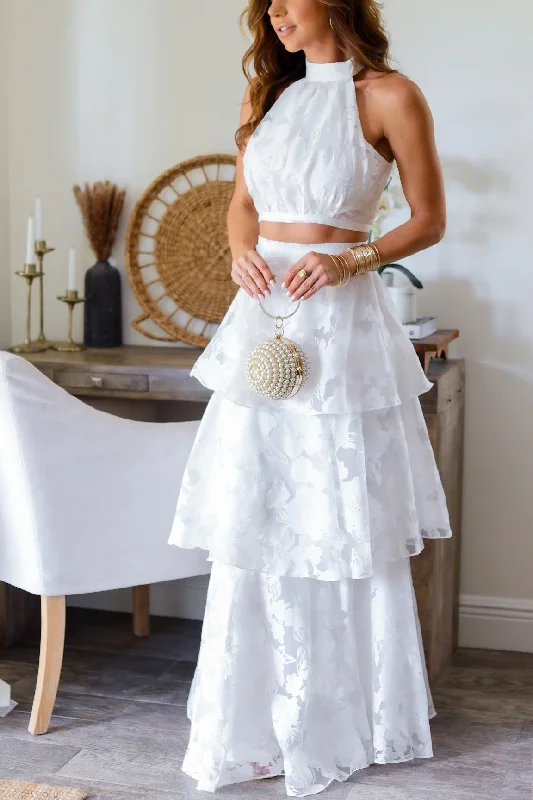 Celeste Crop & Tiered Skirt Set- White denim skirt durable
