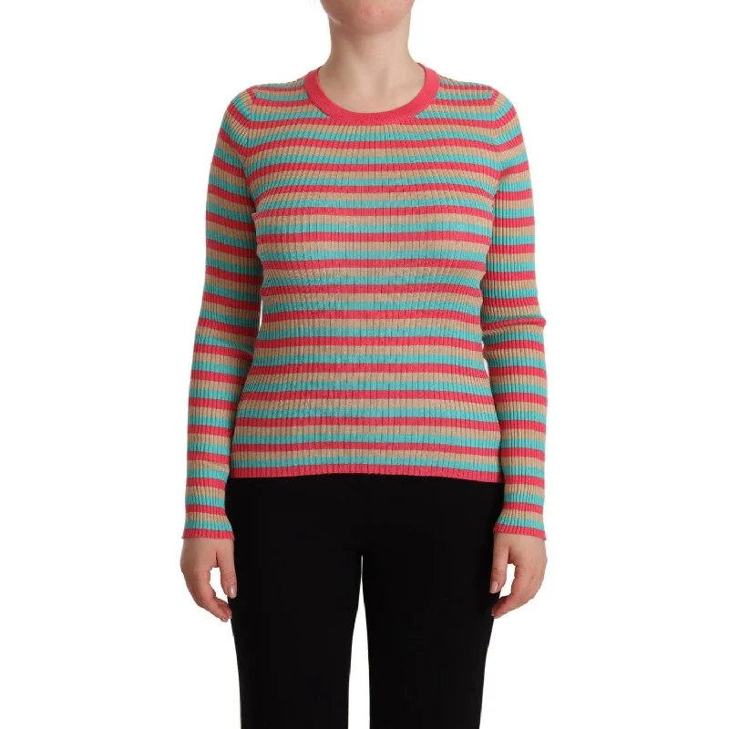 Dolce & Gabbana Elegant Striped Silk Crew Neck Pullover Halter Neck Top