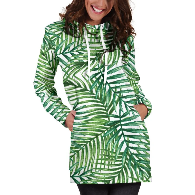 Exotic Tropical Leaf Pattern Print Pullover Hoodie Dress