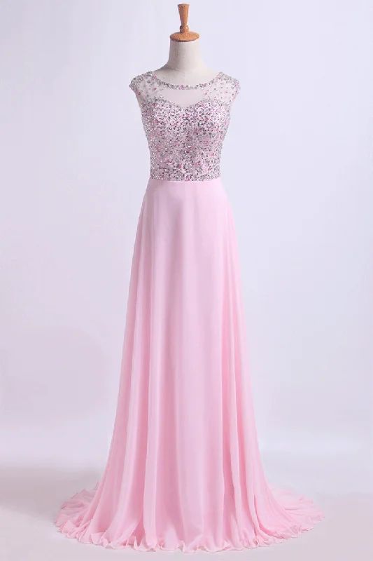 Scoop Neckline Beaded Bodice A Line Open Back With Chiffon Skirt Sweep Train wool skirt sturdy