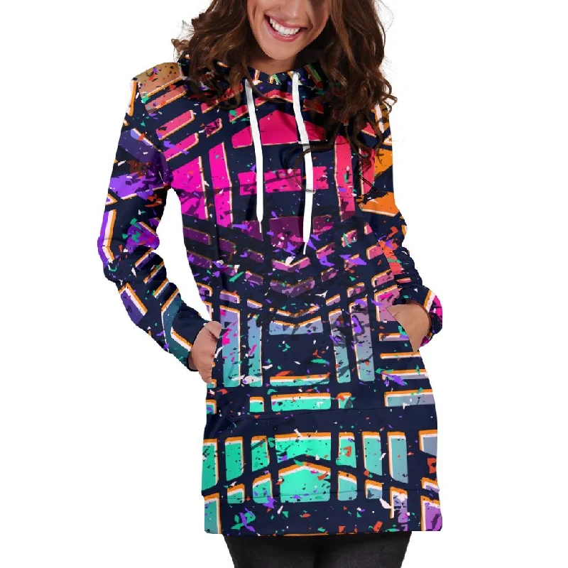 Ethnic Aztec Grunge Trippy Print Pullover Hoodie Dress