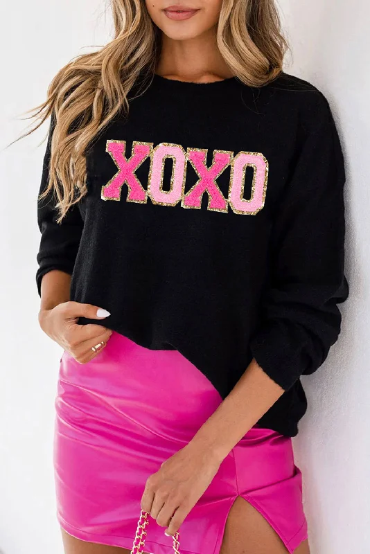 Black XOXO Glitter Print Round Neck Casual Sweater Front Pockets Side Pockets Patch Pockets