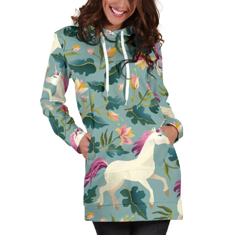Floral Unicorn Pattern Print Pullover Hoodie Dress