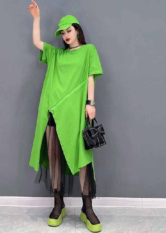 Bohemian Green Solid Asymmetrical Design Cotton Pullover Streetwear Dress Short Sleeve Boxy Neck Sweater